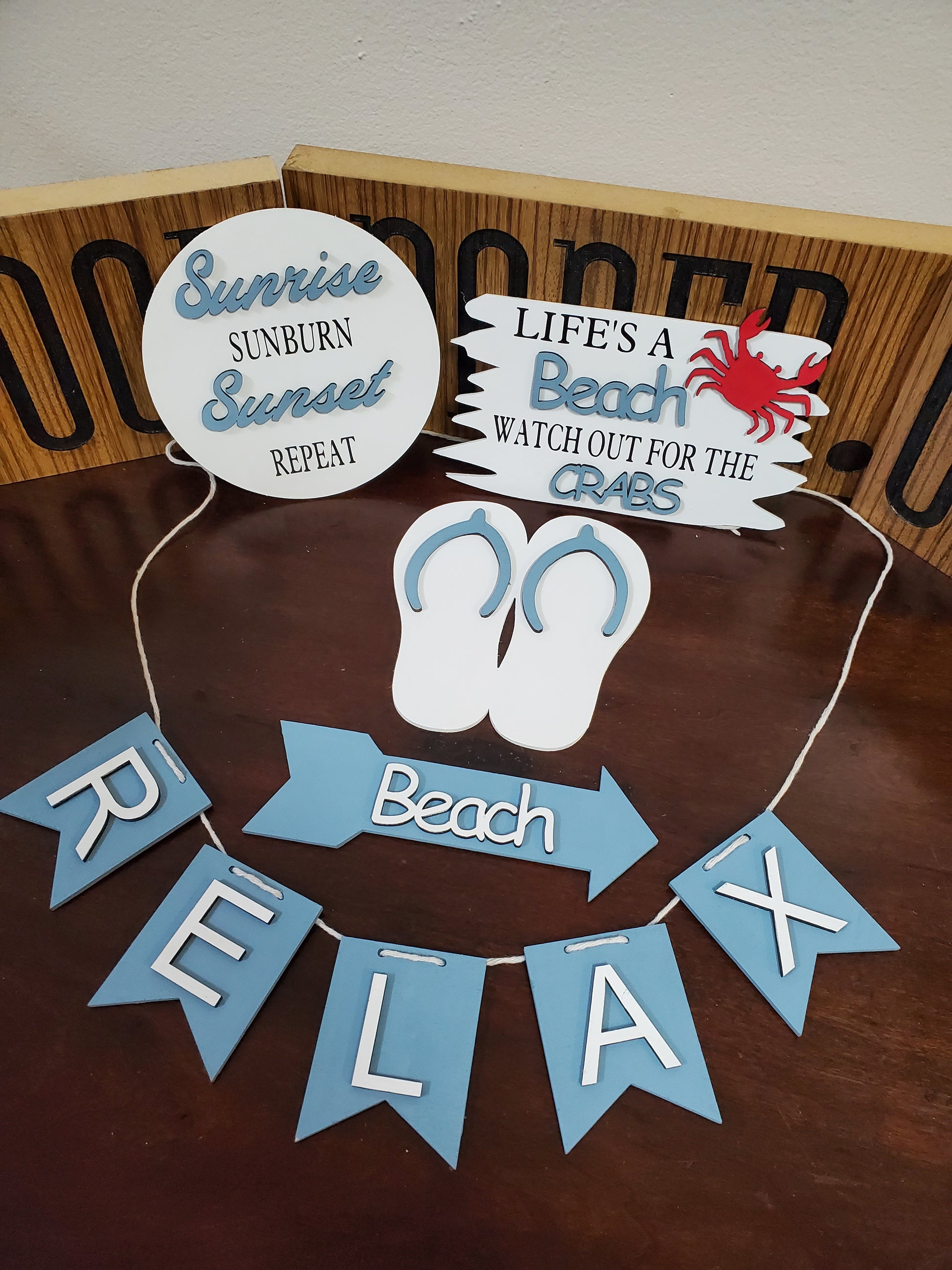Laser cut wood 5 piece tiered tray set Beach theme. In colors blue and white. Hand painted.