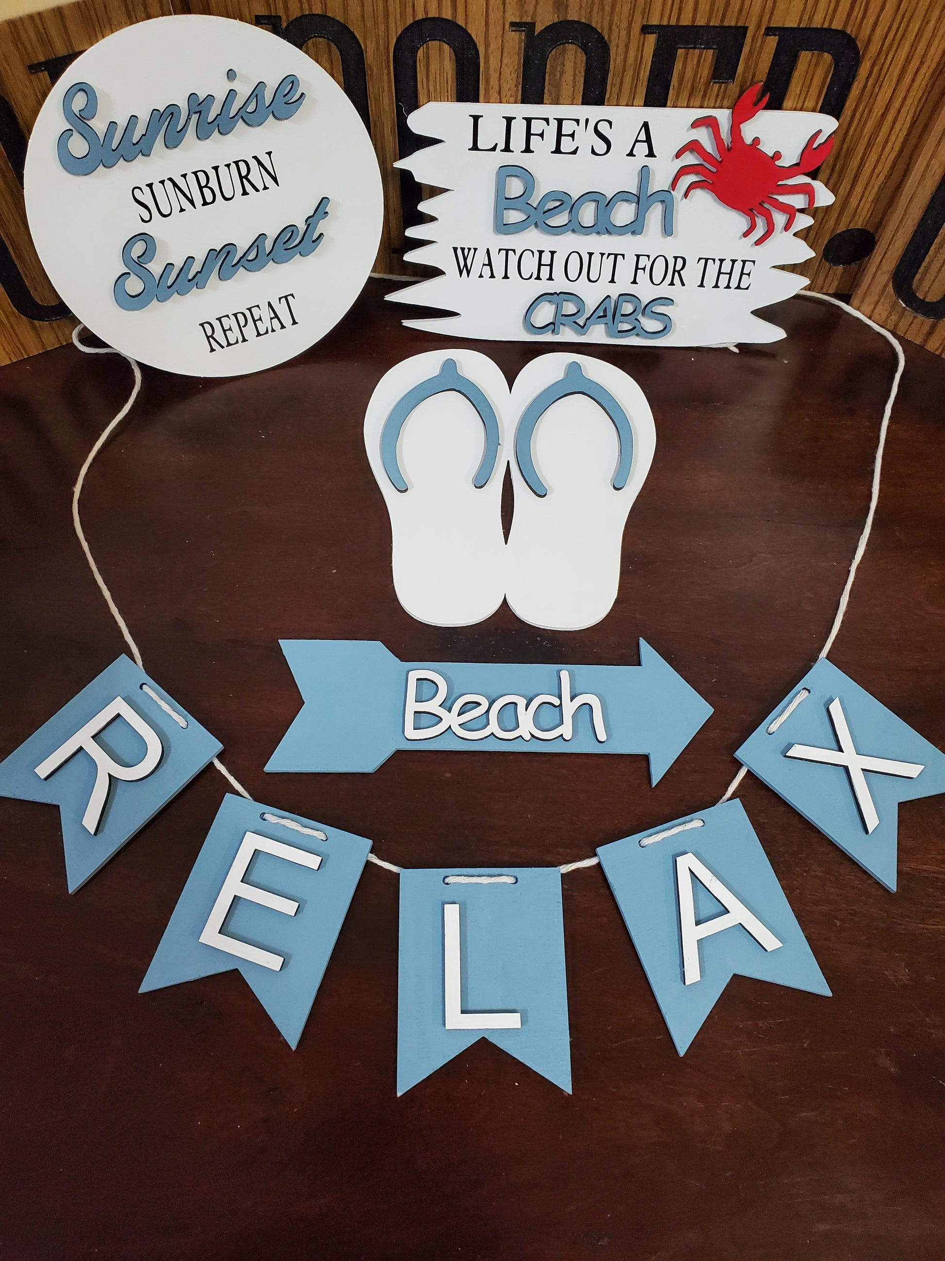 Laser cut wood 5 piece tiered tray set Beach theme. In colors blue and white. Hand painted.