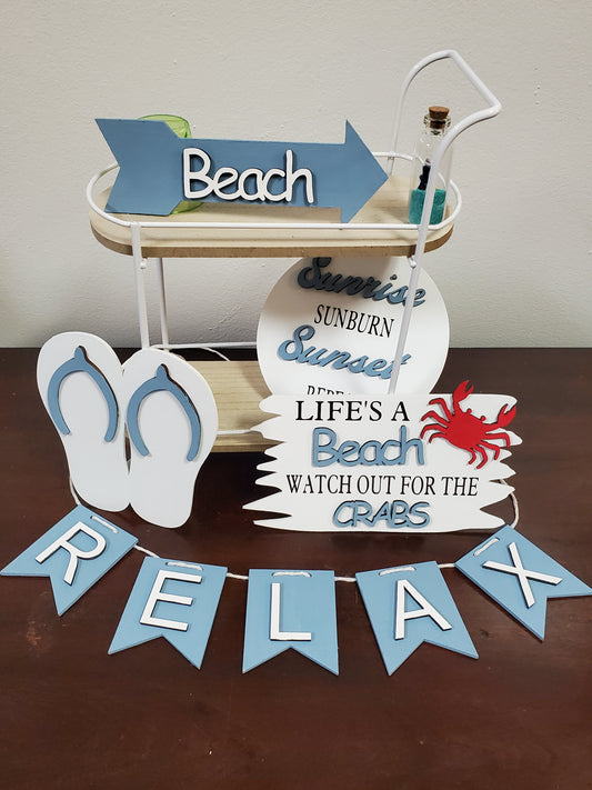 Laser cut wood 5 piece tiered tray set Beach theme. In colors blue and white. Hand painted.