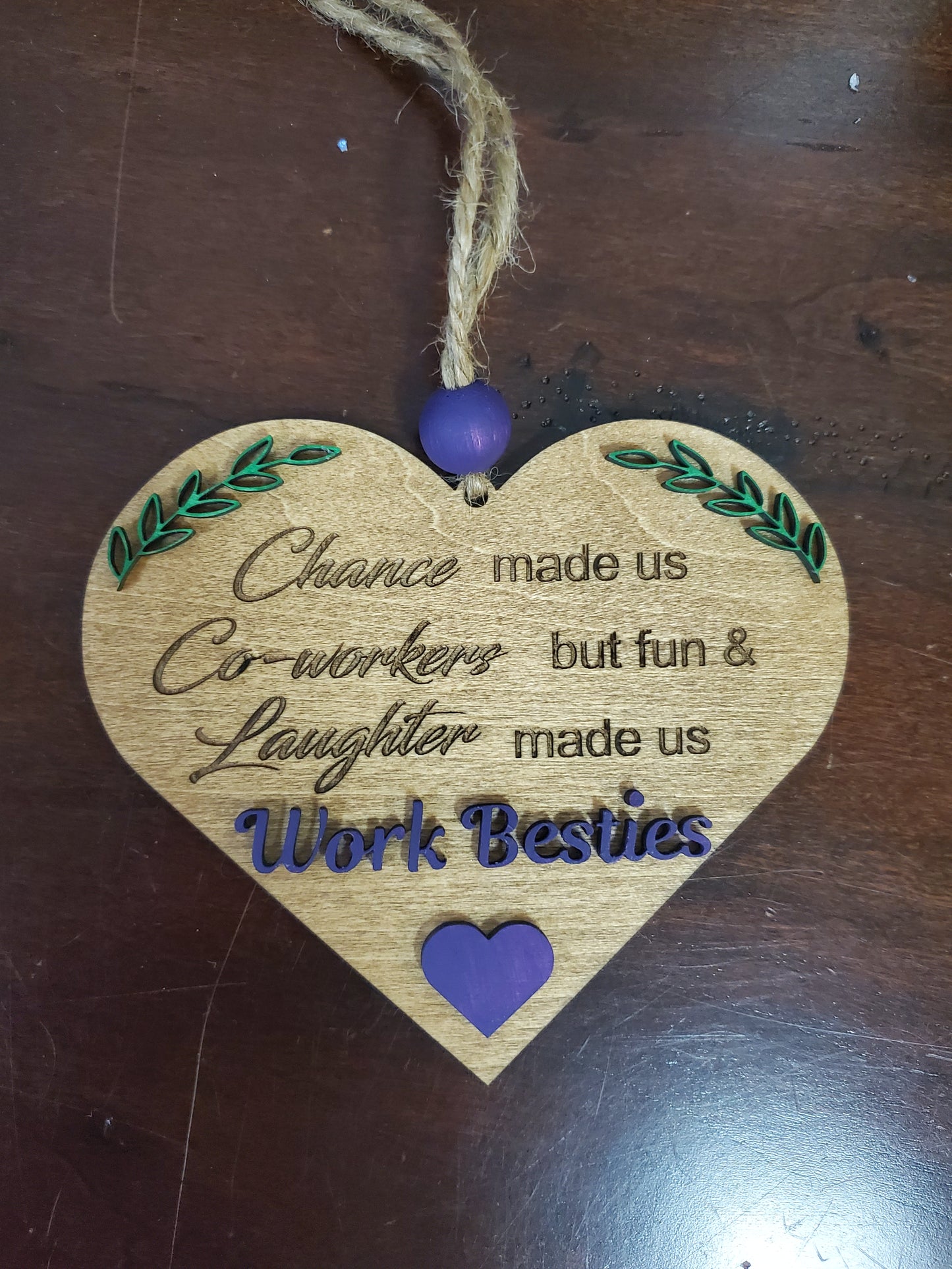 Laser cut wood heart ornament or car charm. Work Bestie, Chance made us Co-workers but fun and laughter made us work besties. In blue