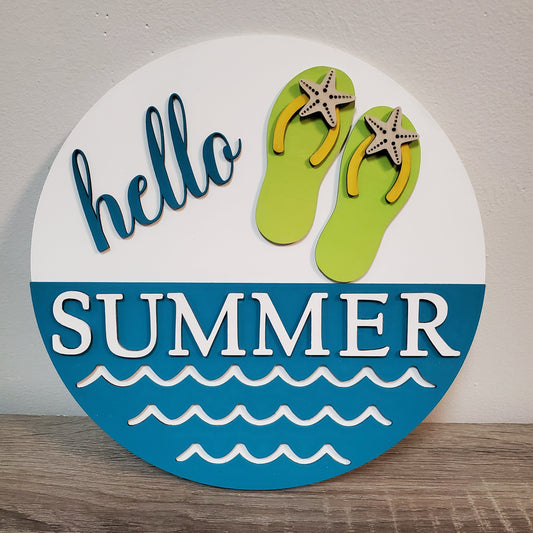 Laser cut wood round door hanger Hello Summer with twine loop at top to hand. Hand painted in beach vibe colors, blue, white, green.