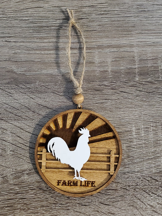 Wood Ornament, Car Charm - Farm Life Rooster
