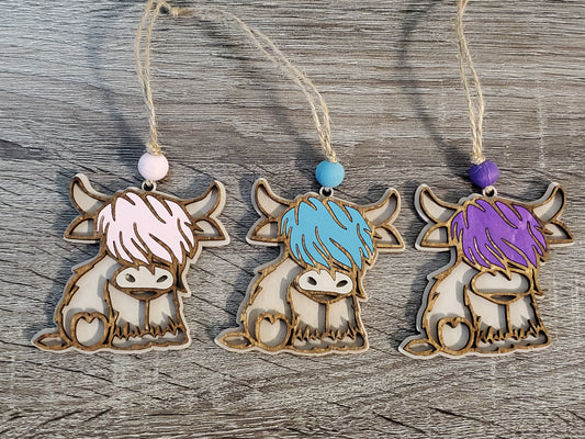 Laser cut wood highland cow ornament or car charm hand painted