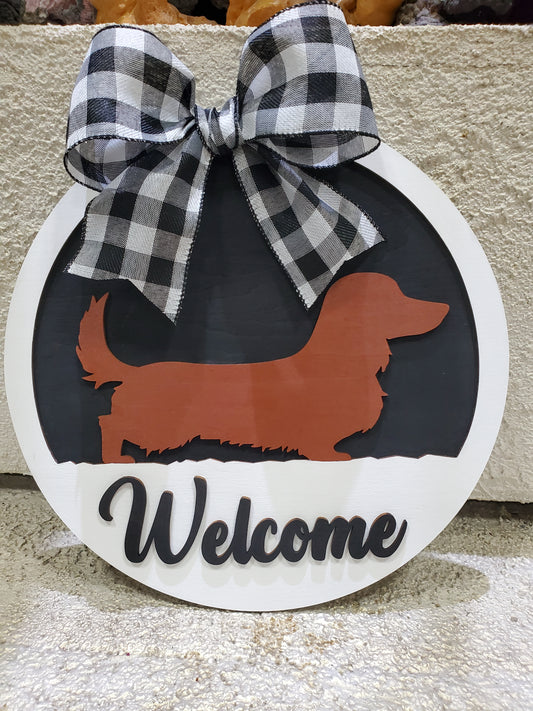 Round Door Hanger - Long Hair Dachshund - "Welcome"