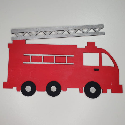 Hand-painted 9x5.5-inch laser-cut wooden fire truck, red with black wheels and silver ladder. Also available in a DIY kit including wooden fire truck, paint, paintbrush and glue