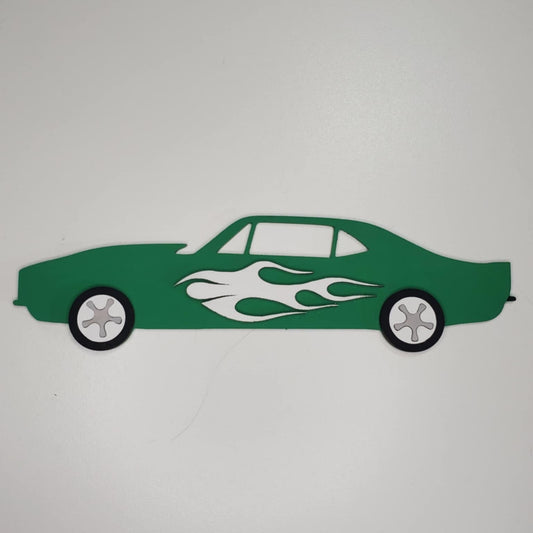 Laser cut wood racecar hand painted with stand to display