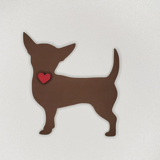 Laser cut wood dog magnet, Chihuahua, hand painted Boston Brown, adorned with a heart.