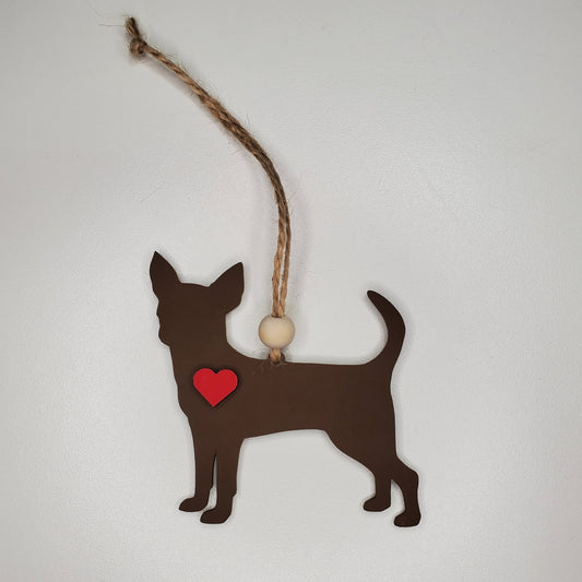 Laser Cut Hand Painted Terra Brun Wood Chihuahua Dog Ornament or car charm. Ready to hang, display or give as a gift.