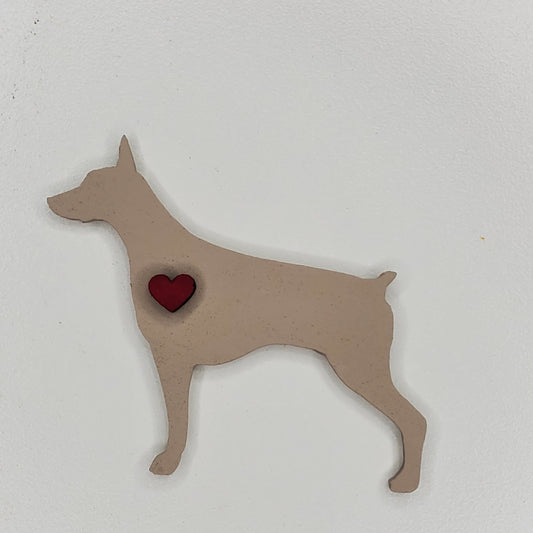 Laser cut wood dog magnet, hand painted Smokey Beige Doberman with heart