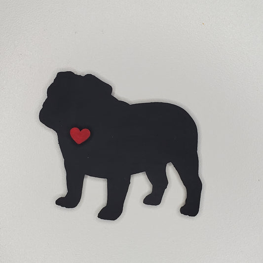 Laser cut wood hand painted Tricorn Black English Bulldog magnet. Ready to display or gift.