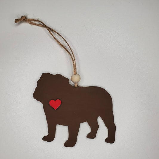 Laser cut hand painted wood English Bulldog Dog ornament or car charm. Ready to hang, display or give as a gift.