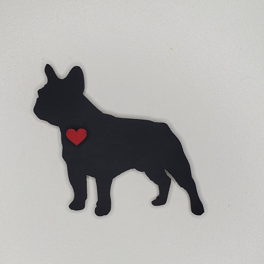 Laser cut wood dog magnet, Frenchie, hand painted Tricorn Black, adorned with a heart.
