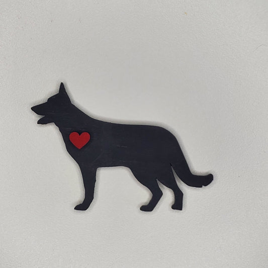 Laser cut wood dog magnet, German Shepherd, hand painted, adorned with heart