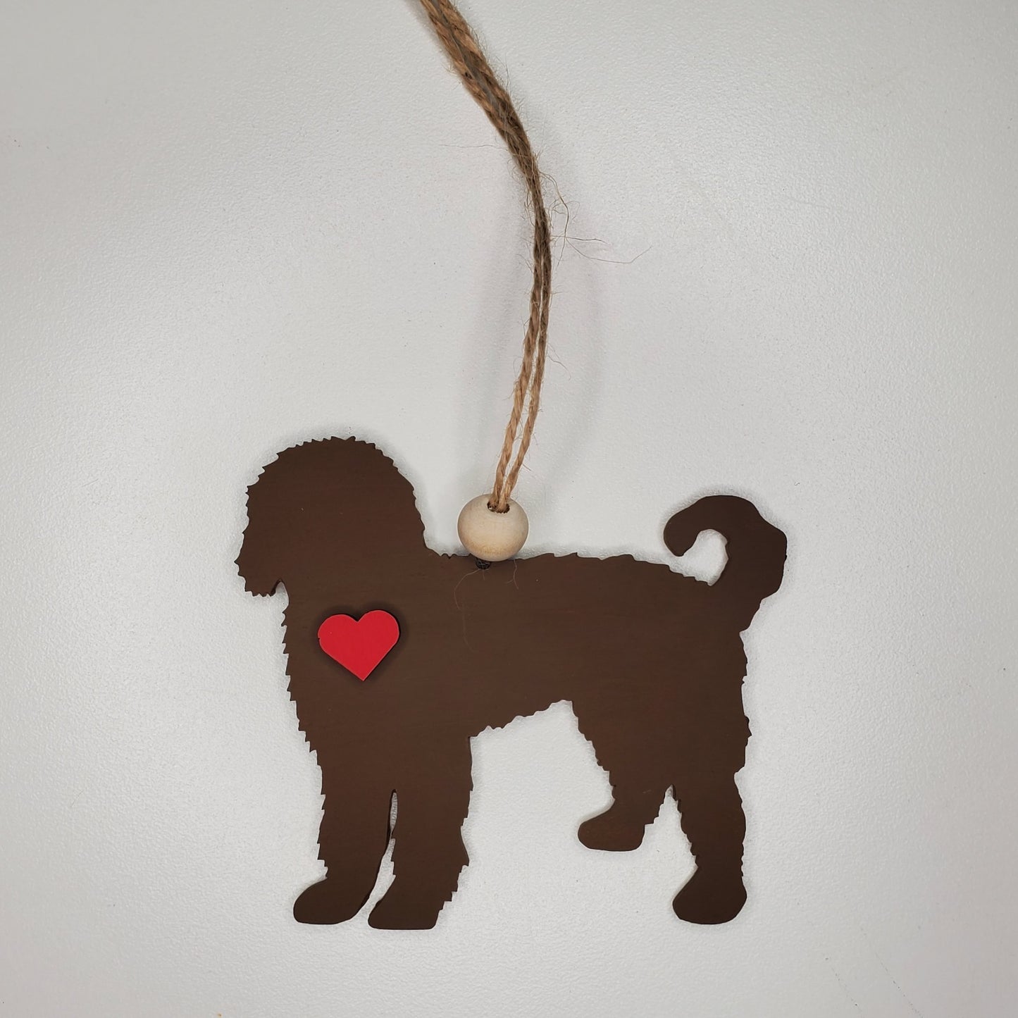 Laser cut hand painted wood Golden Doodle dog ornament or car charm. Ready to hang, display or gift.