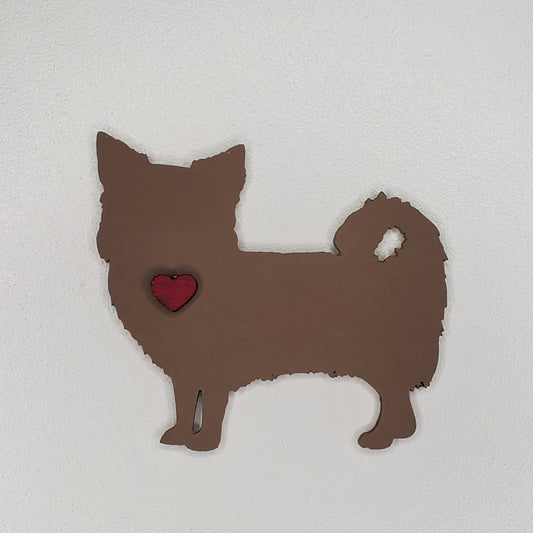 Laser cut wood dog magnet, Long Hair Chihuahua, hand painted Boston Brown, adorned with a heart