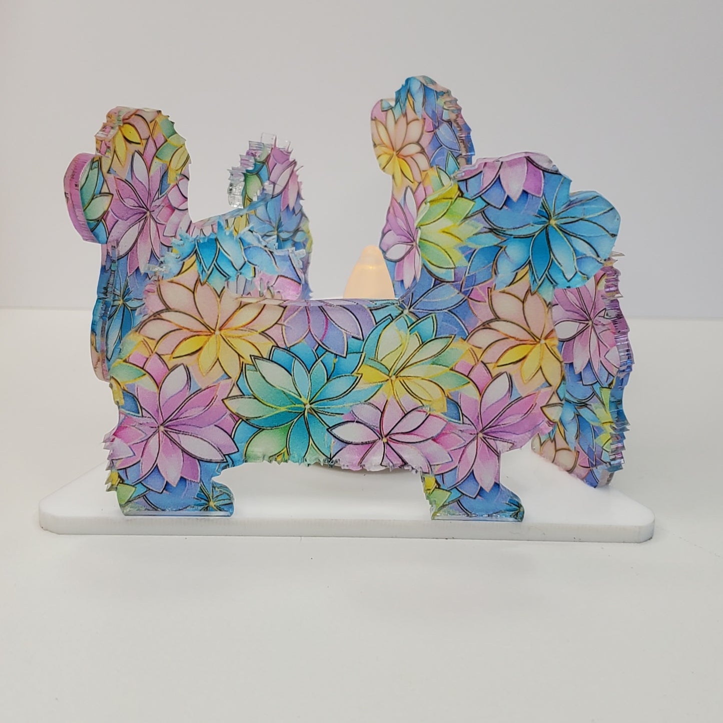 hand made in the USA Acrylic battery operated tealight candle holder in dog breed Maltese in acrylic pattern Pastel Stained Glass Floral.