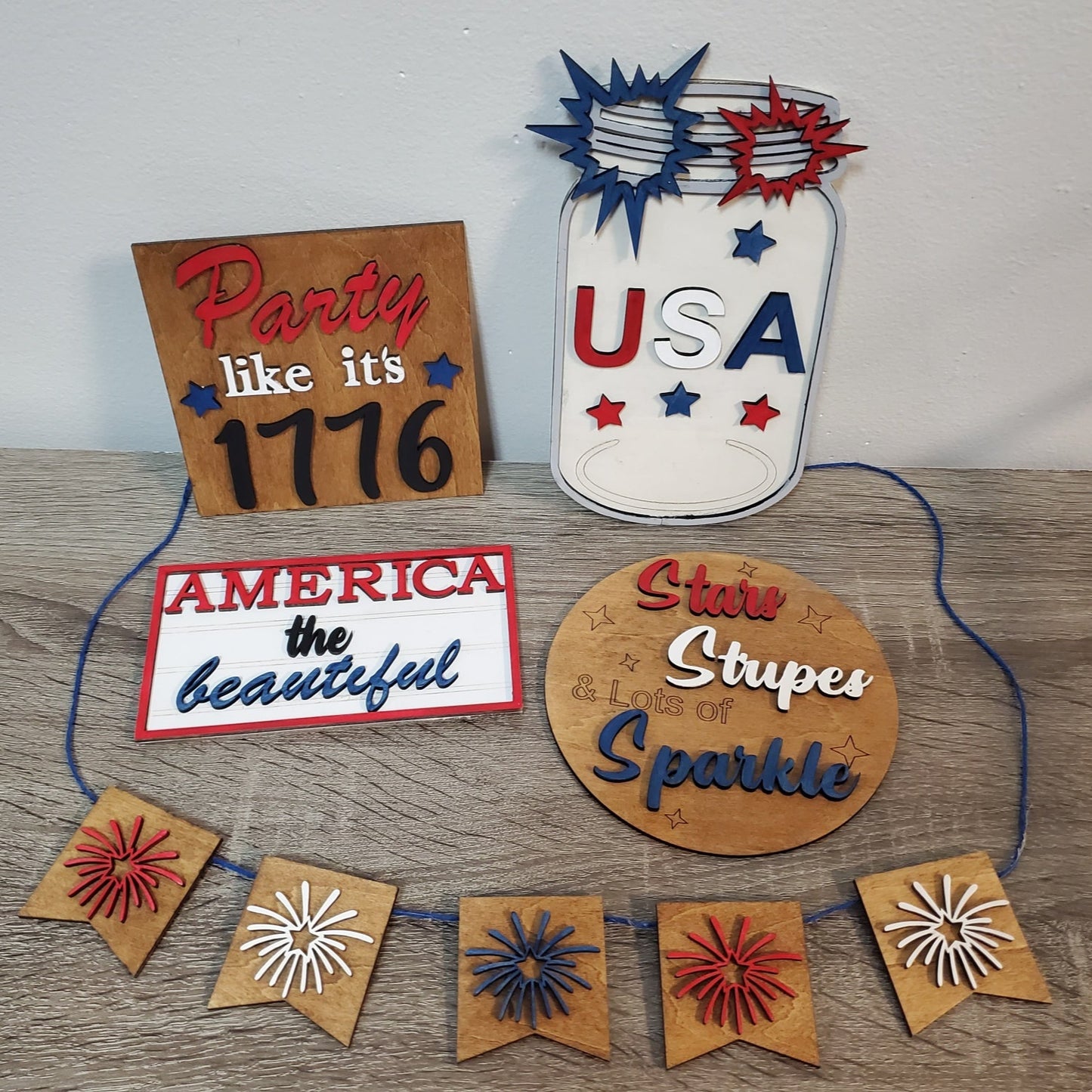 Laser cut wood Patriotic, 4th of July, 5 piece tiered tray decor set. Hand paint in red, white and blue