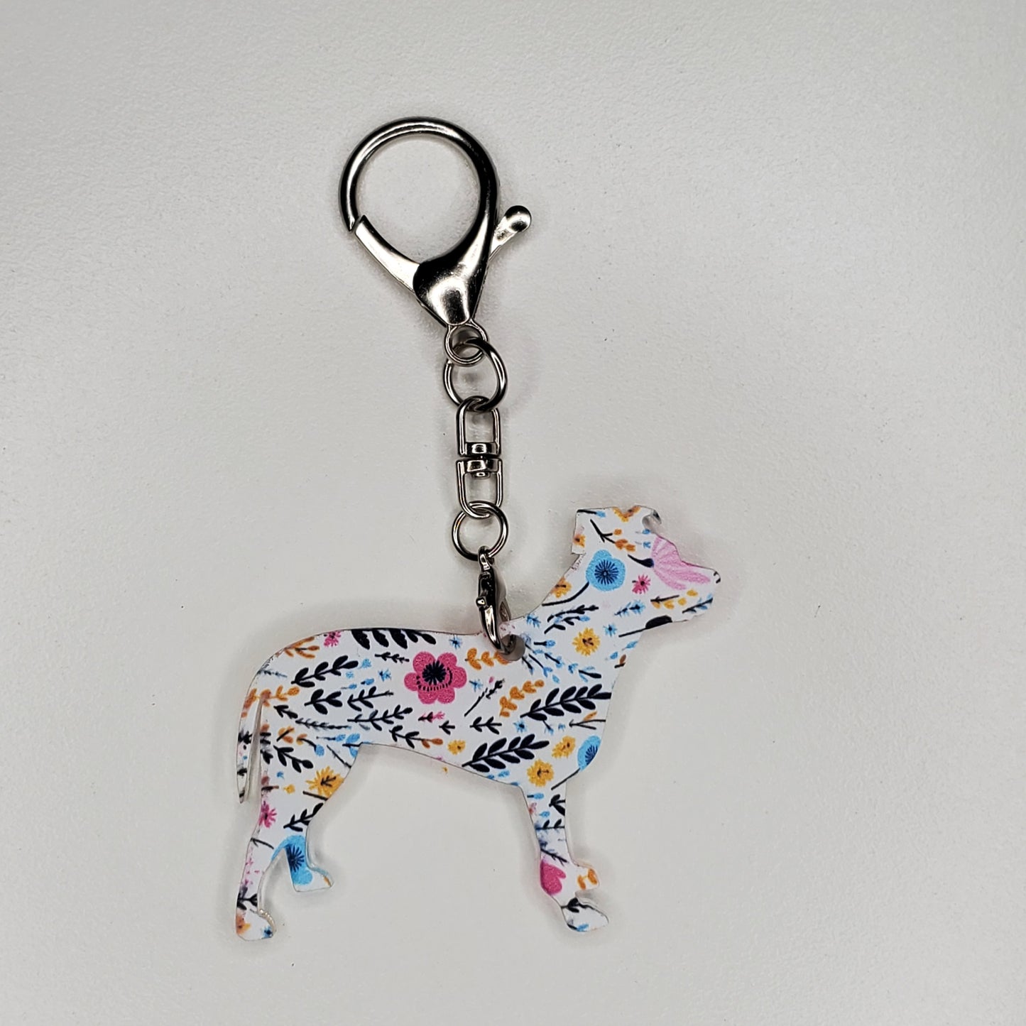 Designed and handmade acrylic bag, backpack or purse charm in dog breed Pit Bull with large lobster claw for easy attaching.