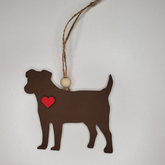 Laser cut wood Pitbull dog ornament or car charm hand painted. Ready to hang, display or gift.