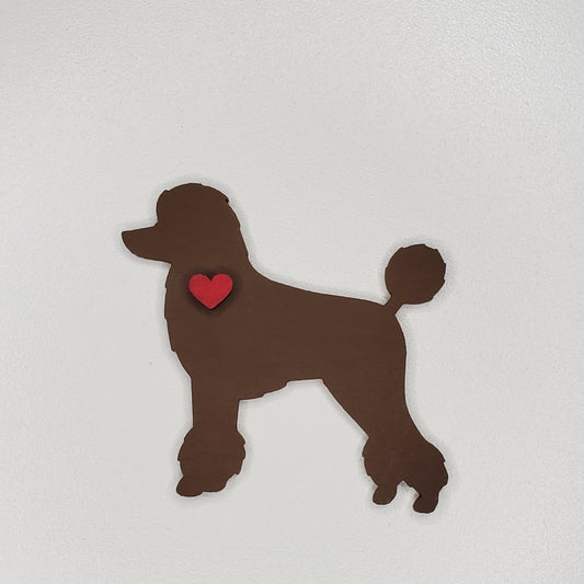 Brown silhouette of a dog with a red heart on a white background Laser Cut wood hand painted color Boston Brown Poodle magnet.
