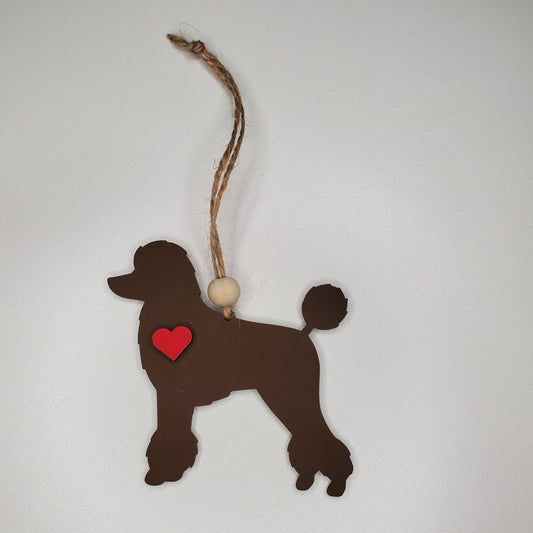 Laser cut wood Poodle Dog ornament or car charm. Hand painted and ready to hang, display or give as a gift.