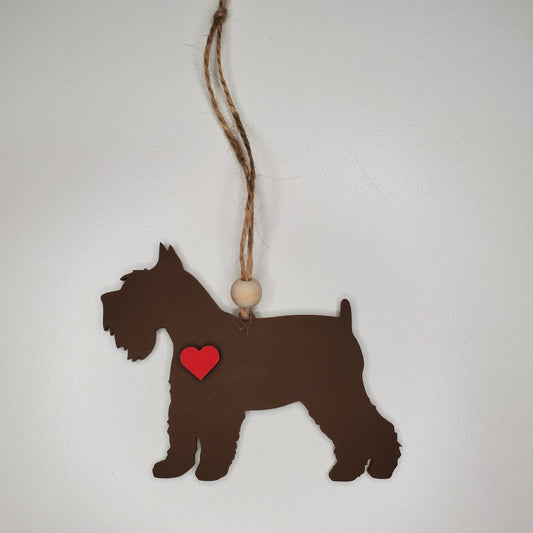 Laser cut, hand painted wood Schnauzer dog ornament or car charm. Ready to hang, display or gift.