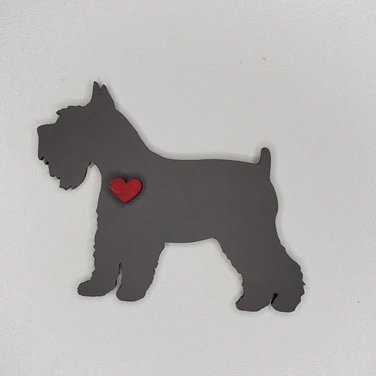 Laser cut wood magnet dog, hand painted in Rugged Suede Schnauzer adorned with heart.