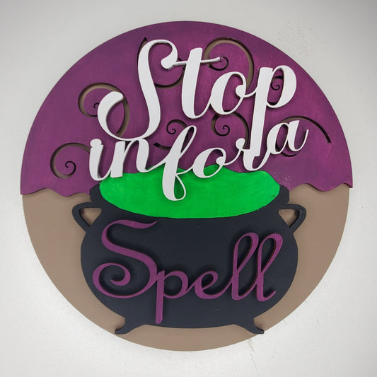 Decorative sign with 'Stop in for a Spell' text on a purple background To hand or display anywhere.