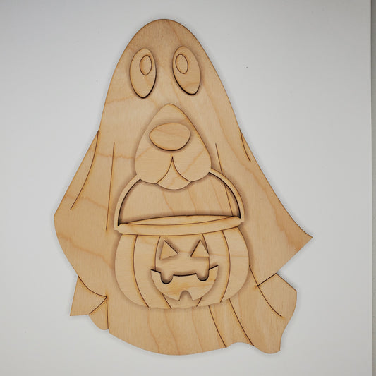 Wooden Sign - Ghost Dog With Pumpkin Bucket