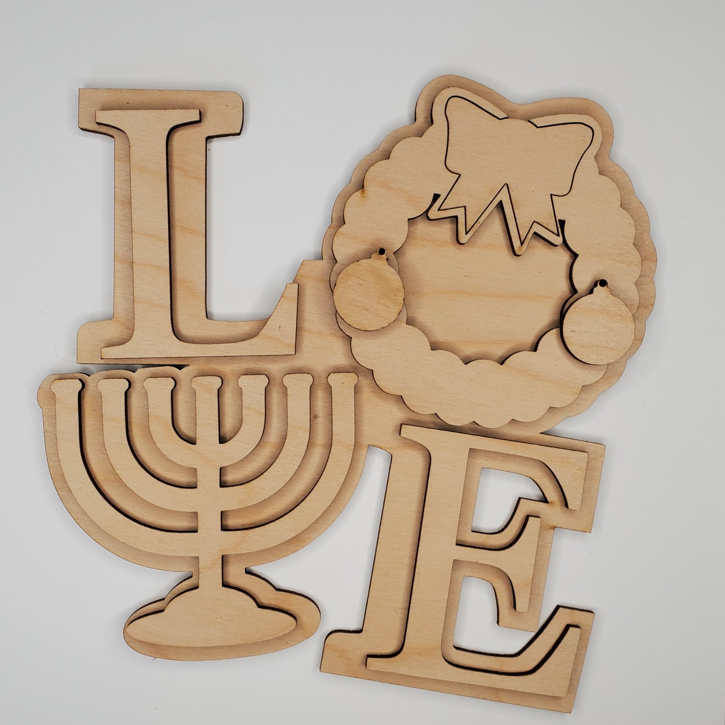 Wooden Shelf Sitter - Love With Menorah and Wreath