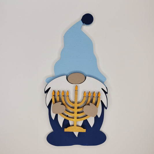 Gnome Holding a Menorah Wood Decor Piece
