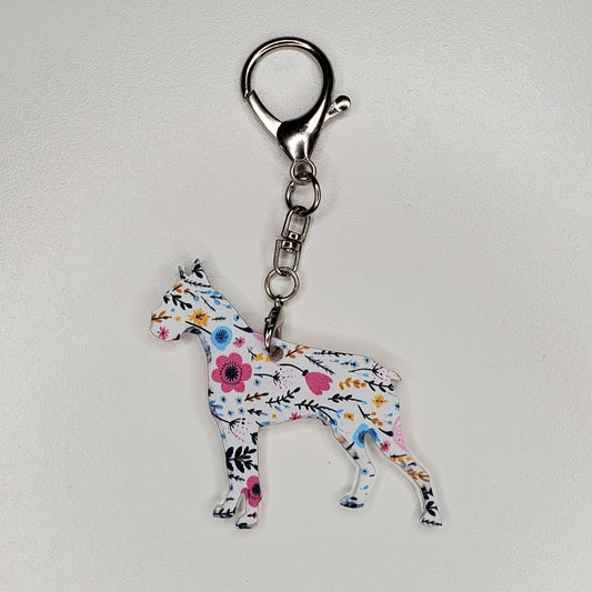 Handmade acrylic purse charm dog breed Boxer with large lobster claw to easily attach to anything. 