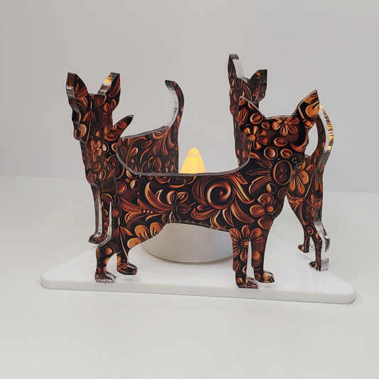 Decorative acrylic tealight candle holder shaped like a Chihuahua dog in Floral Tooled Leather pattern. Hand made.