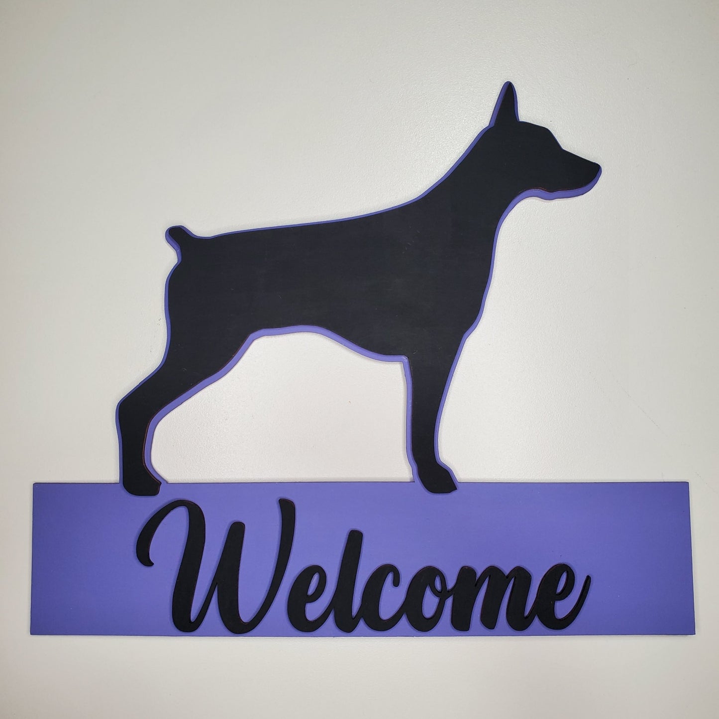 Laser cut wood Doberman Sign leaner o wall hanger with sawtooth hook on back. Tricorn Black Color Doberman