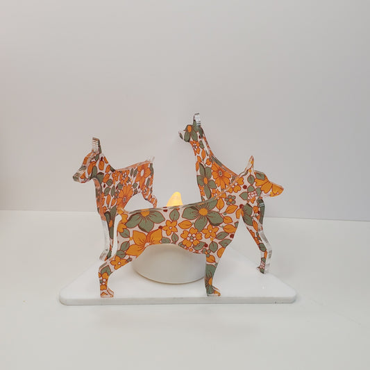 Doberman shape acrylic battery operated tealight holder in Groovy Boho Pattern hand made.