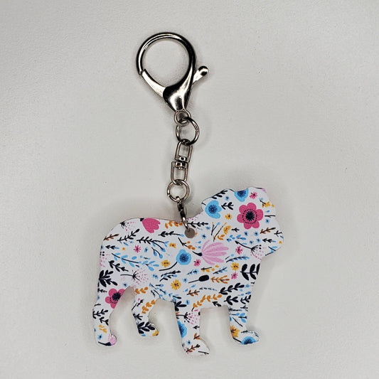 Designed and handmade acrylic purse charm in dog breed English Bulldog. With large lobster claw to attach easily.