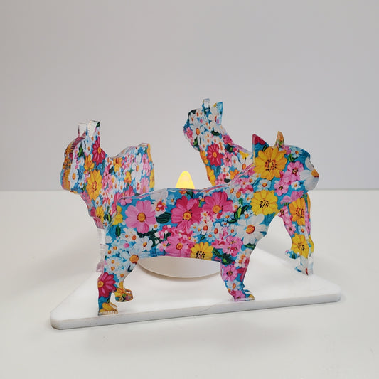 Acrylic Floral pattern Frenchie dog Battery operated tealight holder in Retro Floral 4 pattern. Hand made.