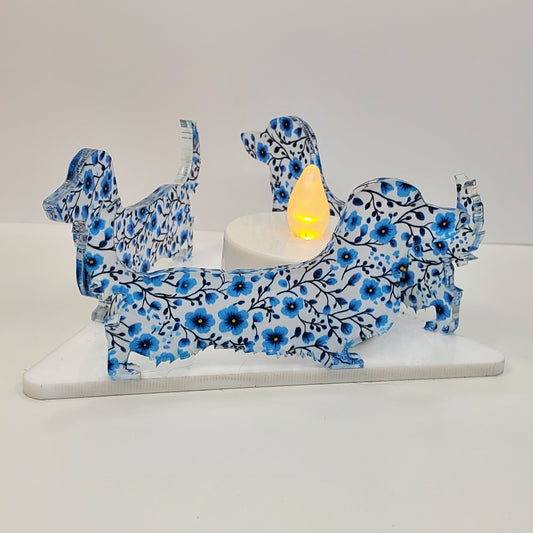 Long hair dachshund battery operated acrylic tealight holder in bitty blue floral pattern hand made
