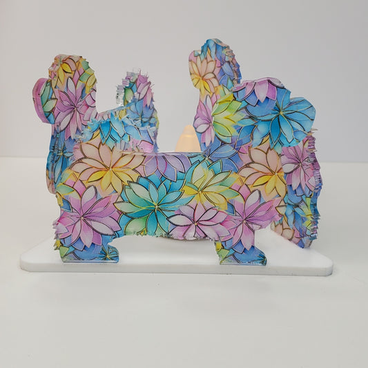 hand made in the USA Acrylic battery operated tealight candle holder in dog breed Maltese in acrylic pattern Pastel Stained Glass Floral.
