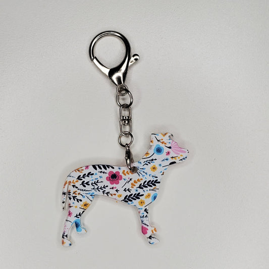 Designed and handmade acrylic bag, backpack or purse charm in dog breed Pit Bull with large lobster claw for easy attaching.