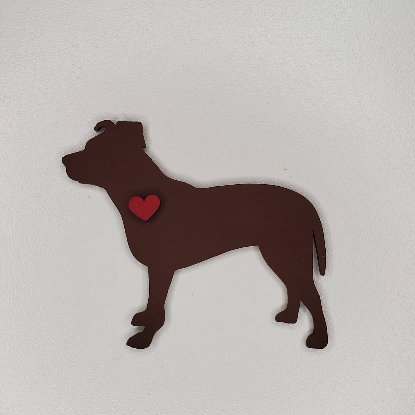Laser cut wood dog magnet, Pit Bull, hand painted Boston Brown, adorned with a heart.