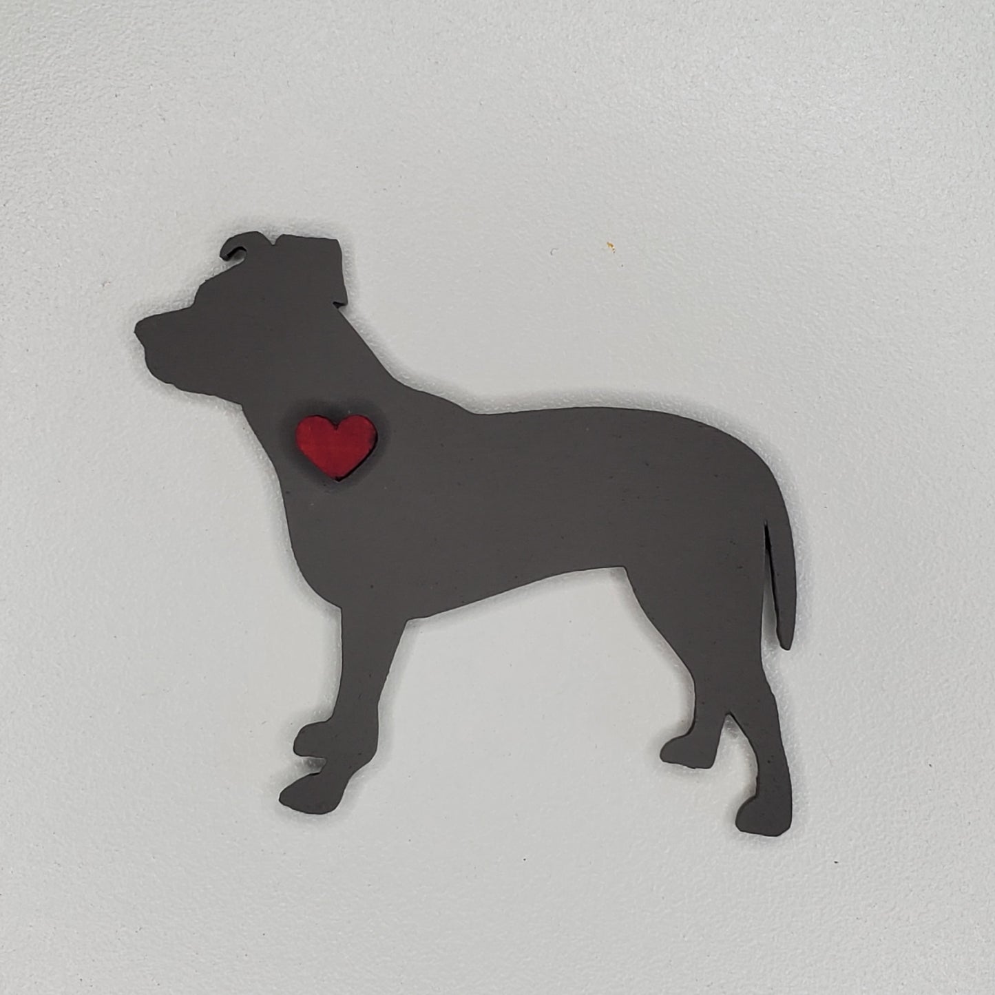 Laser cut wood dog magnet, Pit Bull, hand painted Rugged Suede, adorned with a heart.
