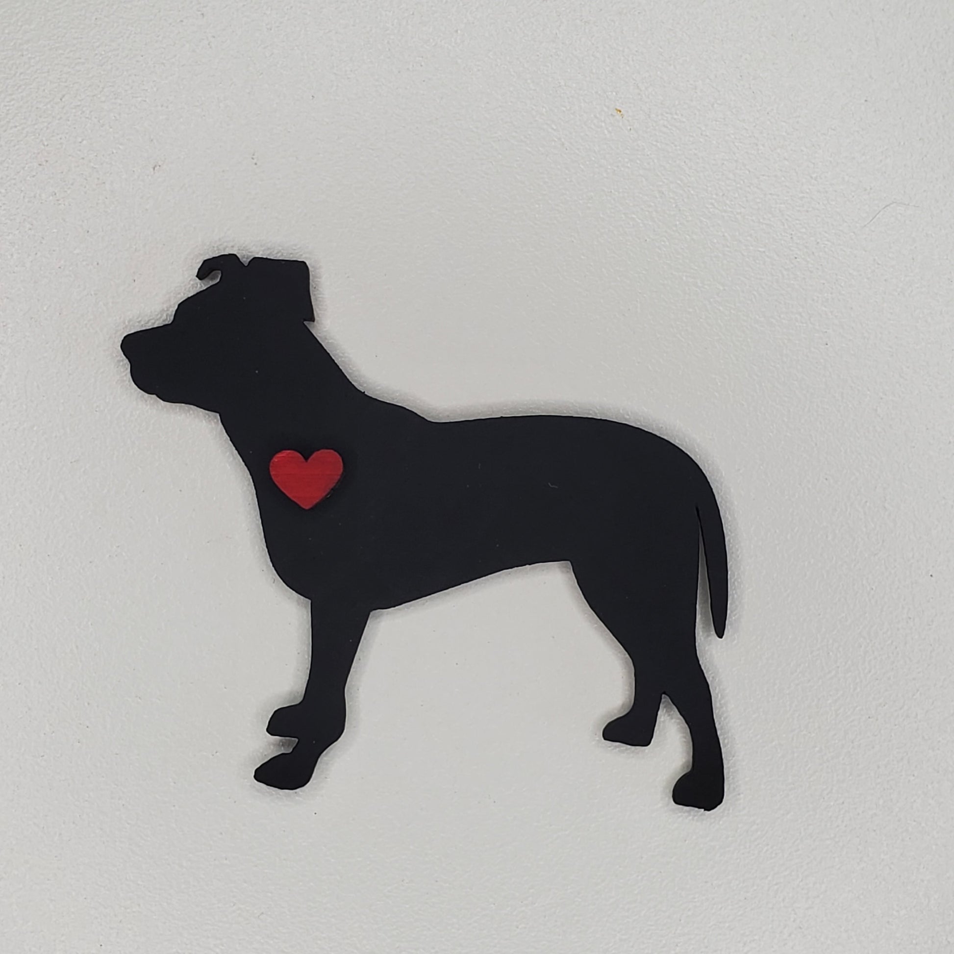 Laser cut wood dog magnet, Pit Bull, hand painted Tricorn Black, adorned with a heart.