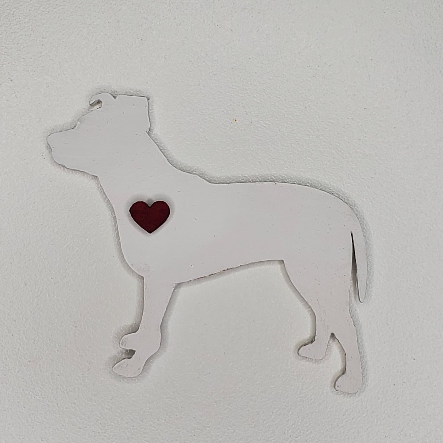 Laser cut wood dog magnet, Pit Bull, hand painted White, adorned with a heart.