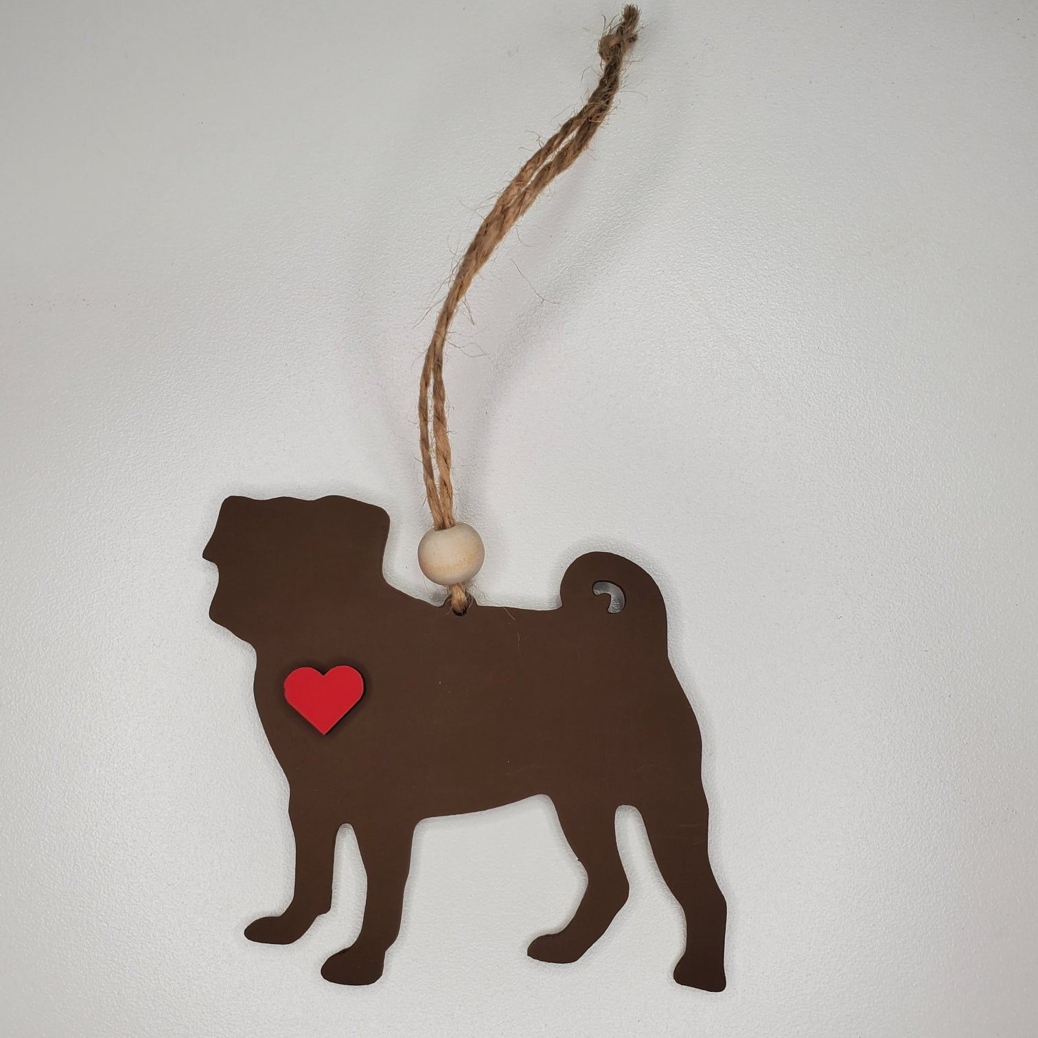 Laser cut, hand painted wood pug dog ornament or car charm. Ready to hang, display or give as a gift.