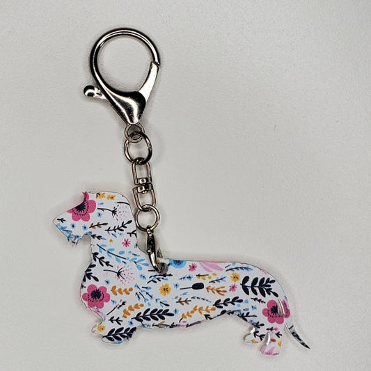 Acrylic Purse Charm Wired Dachshund Itty Bitty Ditsy Floral Pattern 