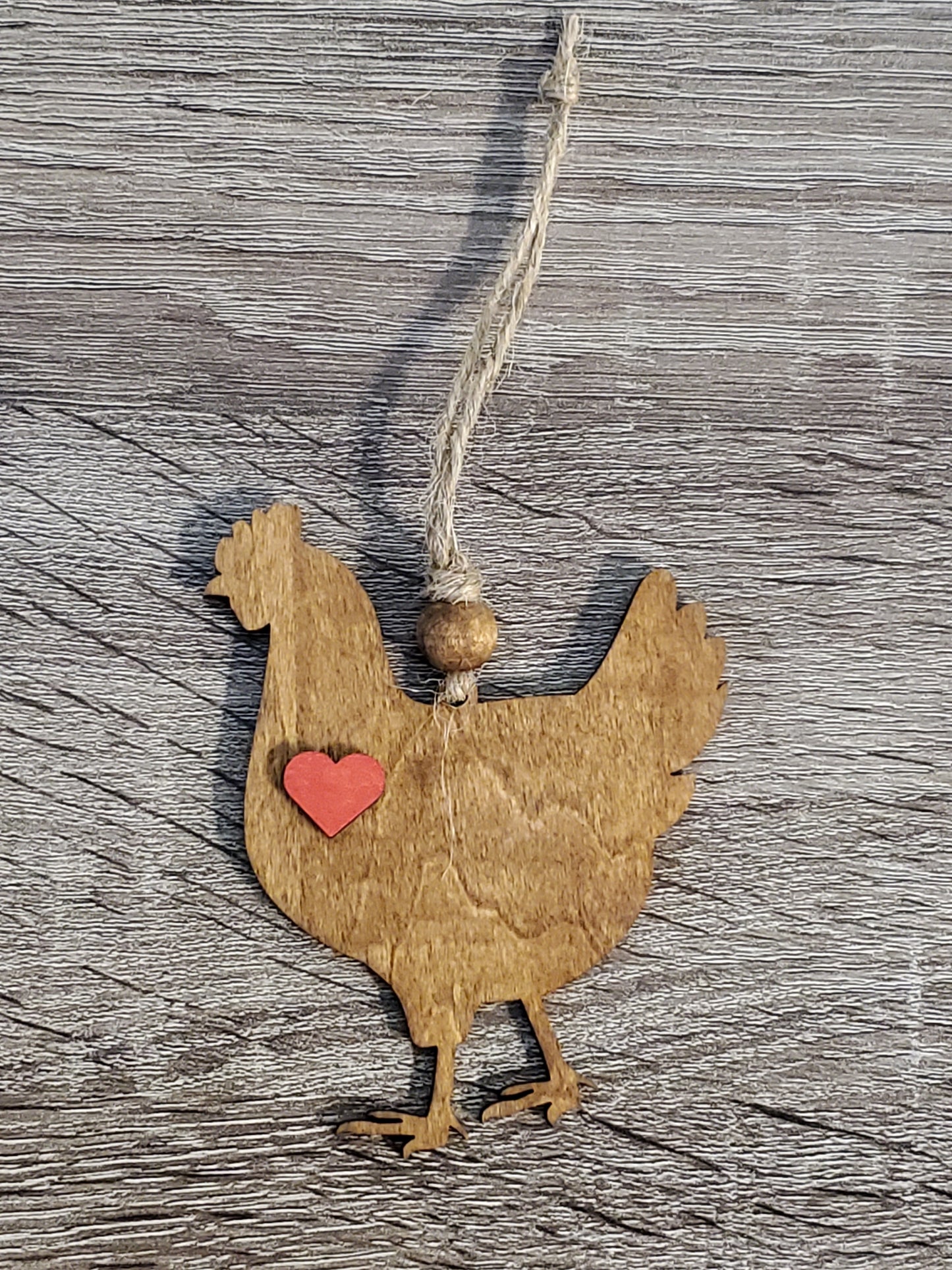 Laser cut wood chicken ornament or car charm. hand painted Stain color