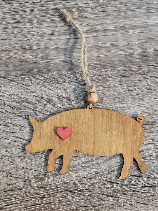Laser cut wood pig ornament or car charm. hand painted 